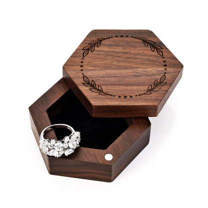 Yoption Wooden Ring Box, Handcrafted Walnut Wood Engraved Hexagon Ring Holder, Mr and Mrs Ring Box for Wedding Ceremony Anniversary Proposal Bearer - WoodArtSupply