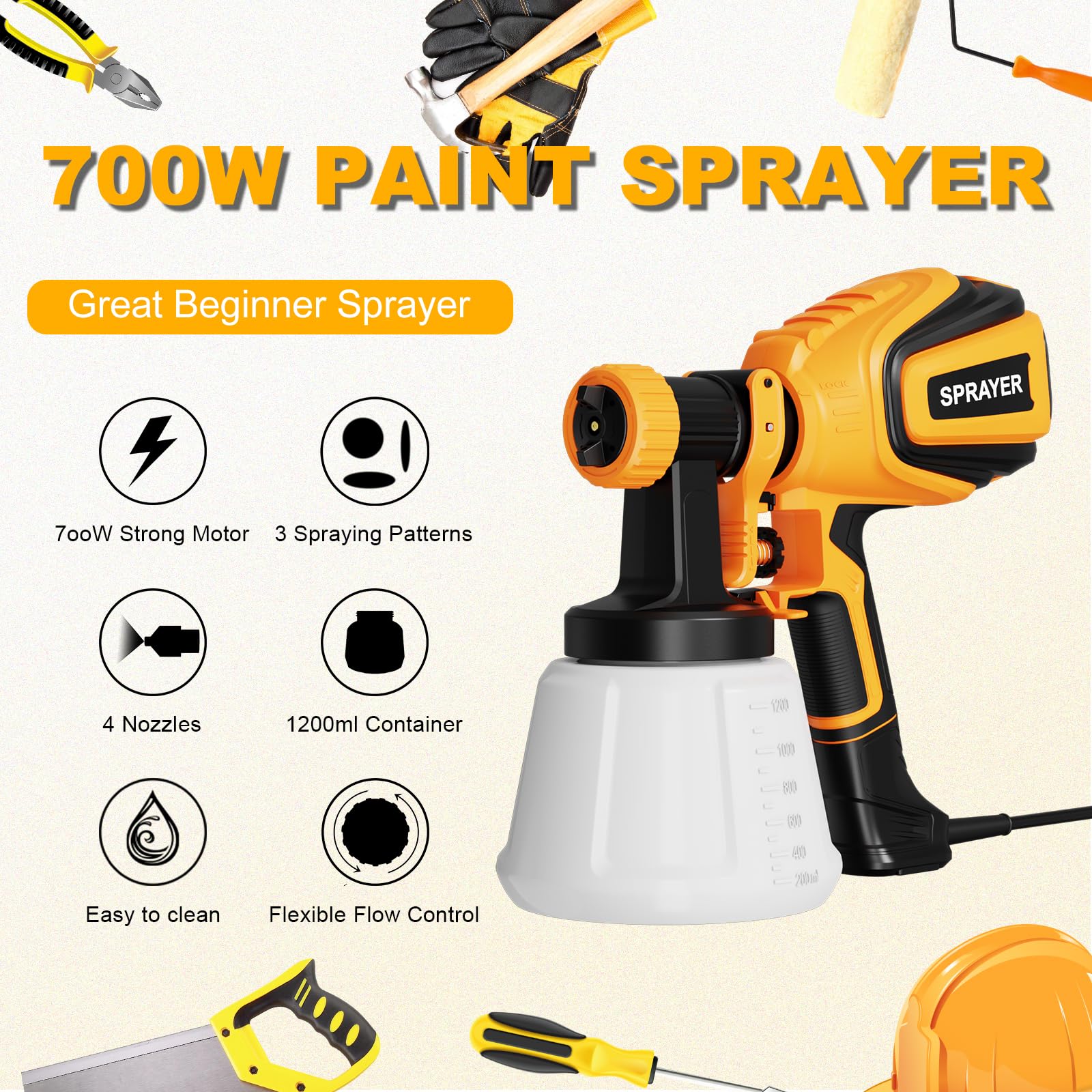 VONFORN Paint Sprayer, 700W HVLP Spray Gun with Cleaning & Blowing Joints, 4 Nozzles and 3 Patterns, Easy to Clean, for Furniture, Cabinets, Fence, - WoodArtSupply