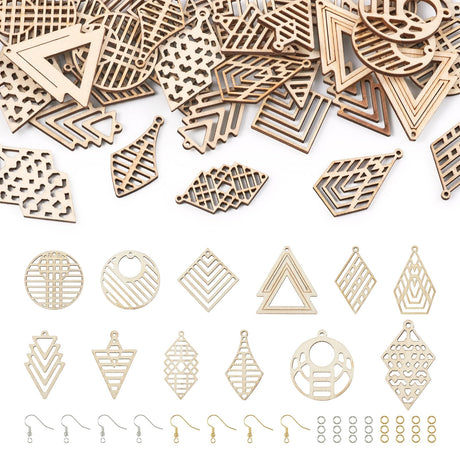 Beadthoven Wooden Earring Making Kit for Adults 12 Styles Hollow Filigree Wood Pendants Geometric Dangle Earrings Unfinished Wooden Charms with BB Beadthoven