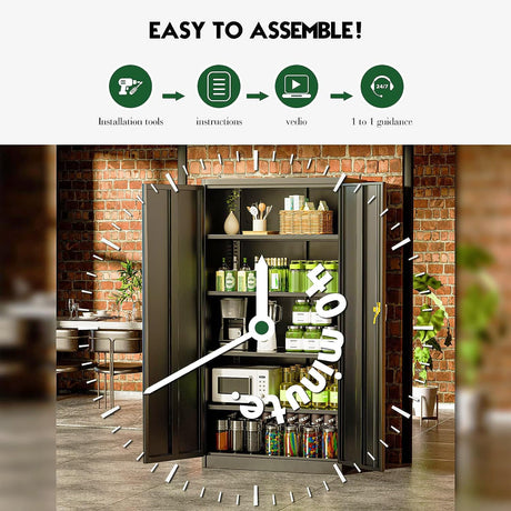 Greenvelly Metal Cabinet, 72” Black Tool Steel Locking Cabinet with Doors and 4 Shelves, Tall Cabinets for Garage Storage Systems Lockable File Greenvelly