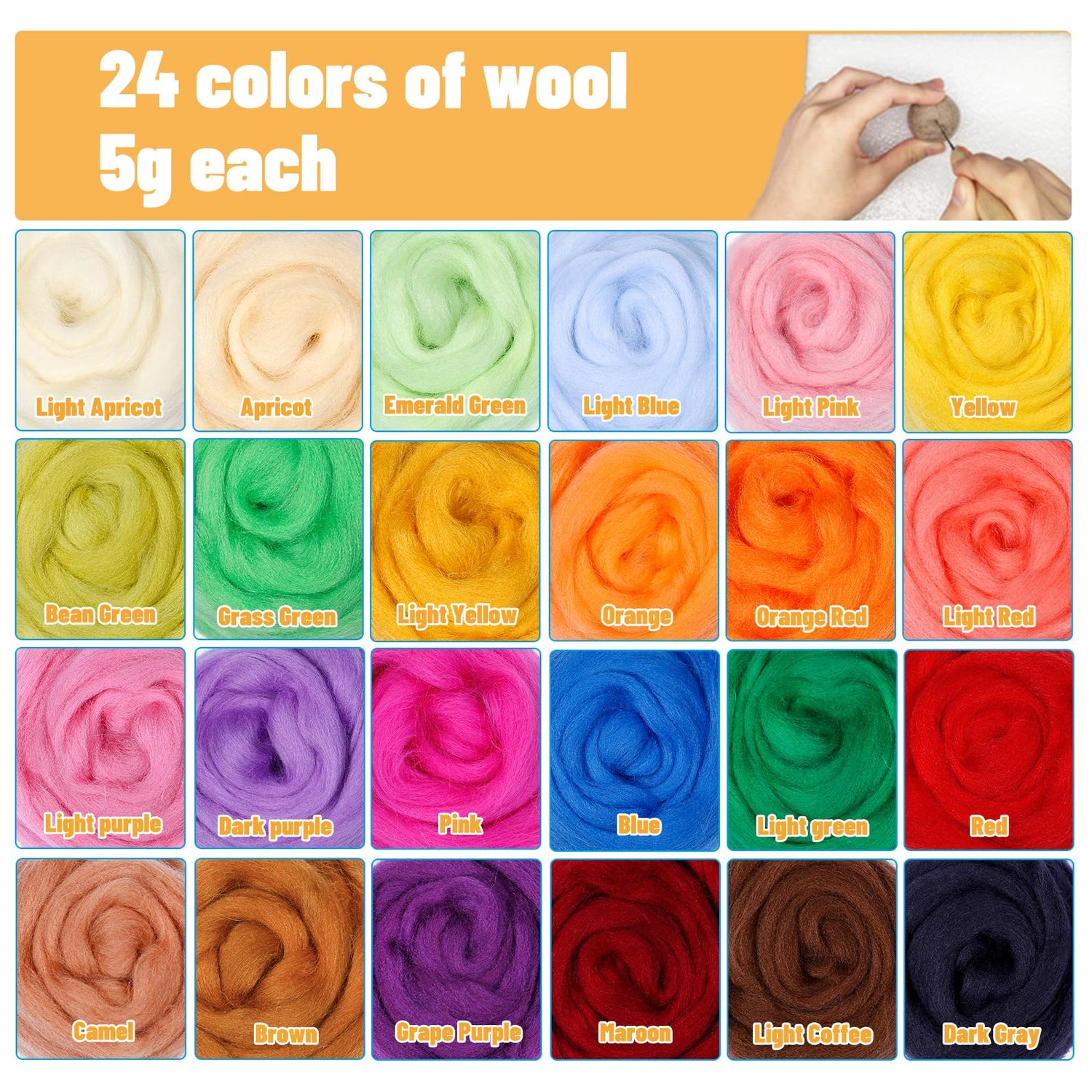 JUPEAN Needle Felting Kit, Wool Roving (5g/Color), Complete Needle Felting Starter Kit with Basic Felt Tools and Supplies Wool Fibre Spinning Craft JUPEAN