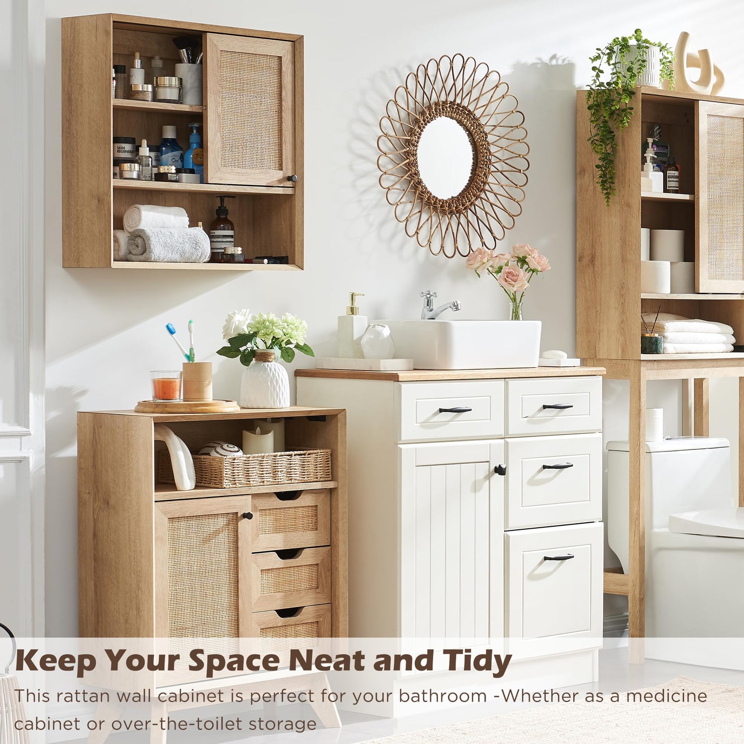 OKD Natural Rattan Bathroom Wall Cabinet, Modern Boho Medicine Cabinet with Sliding Door & Adjustable Shelves, Storage Cabinet Wall Mounted for OKD