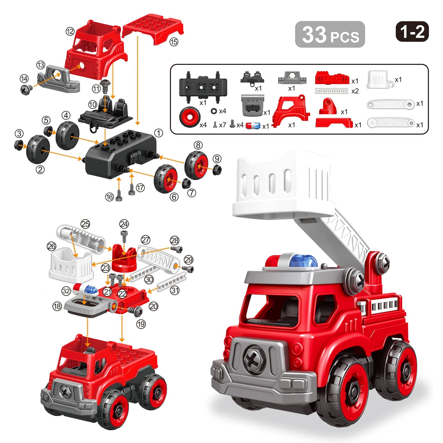 4-in-1 Take Apart Toys Truck with Electric Drill, DIY Assembly Fire Truck Toy Vehicles, Kids STEM Building Educational Cars Toys, Birthday Gifts for Toyk