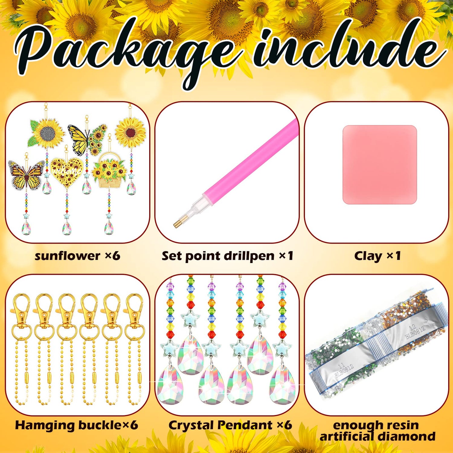 Tradder 6 Pcs 5D Sunflower Wind Chimes Kit Double Sided Butterfly Ornaments with Pendant for Summer Home Garden Hanging Ornament (2) Tradder