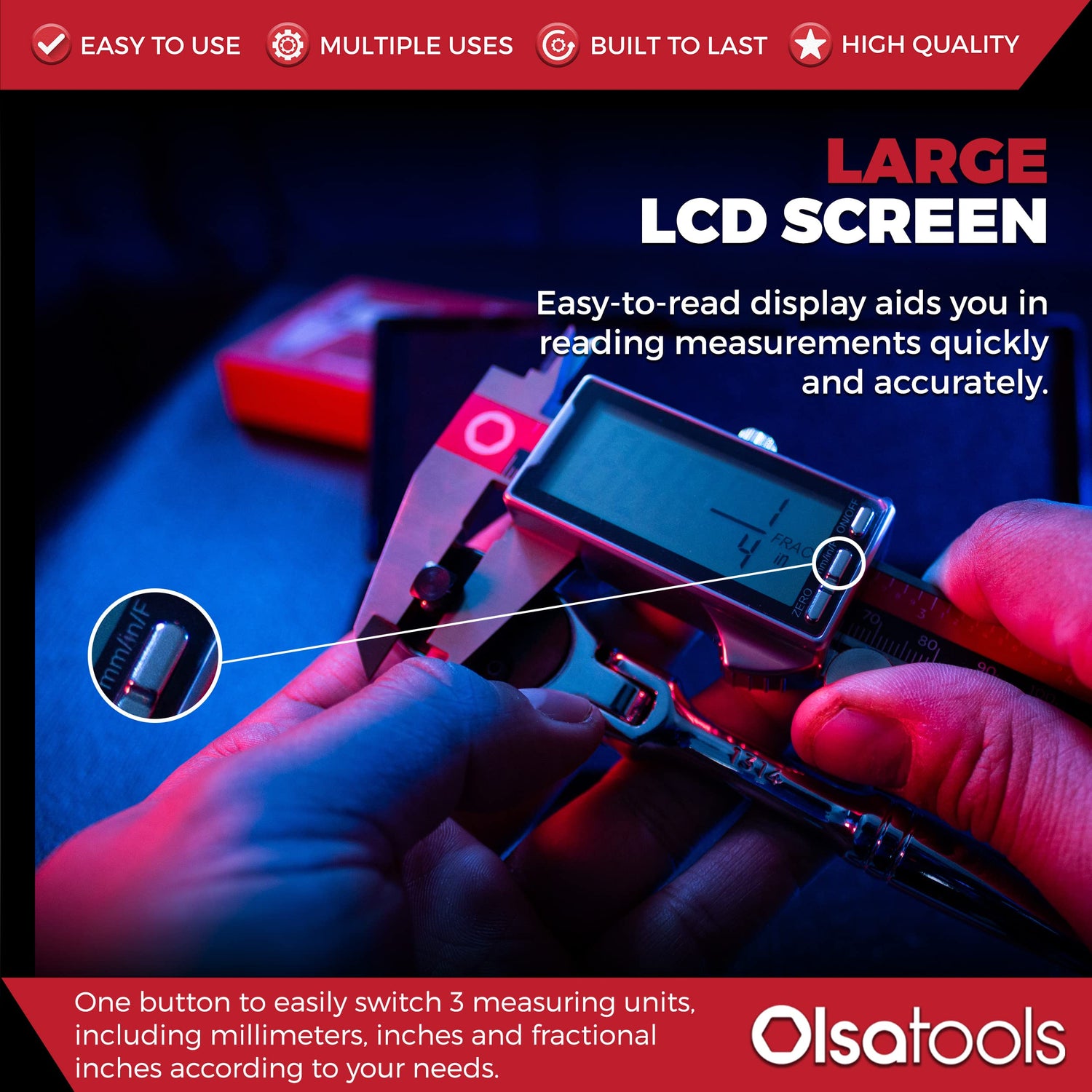 Olsa Tools Digital Caliper Measuring Tool - Inches, Fractional Inches, & Millimeters - 0-6 Inches - Stainless Steel Digital Calipers Measuring Tool - Olsa Tools