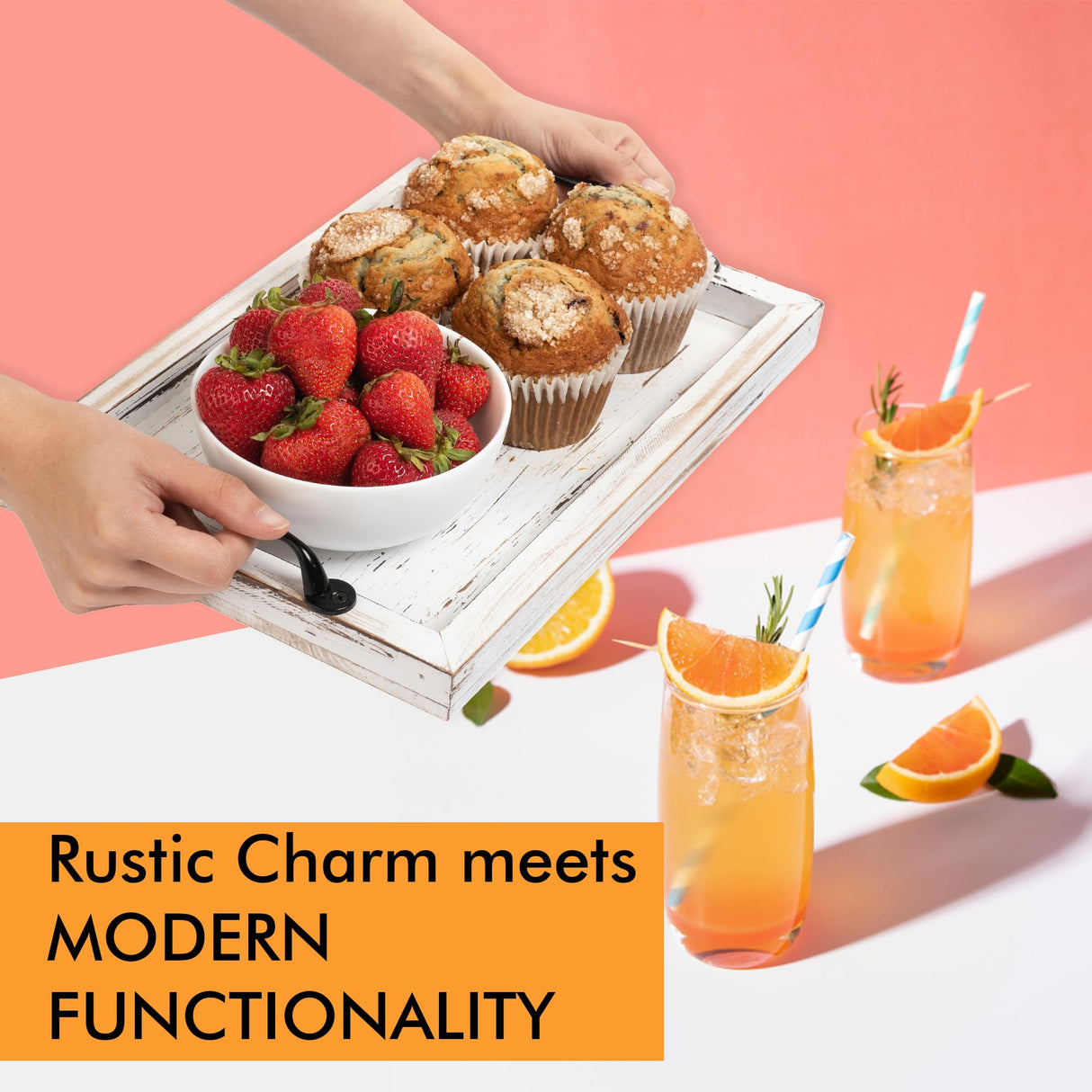 Rustic Serving Tray with Handles - 2 Nesting Trays for Serving Food - Wooden Tray for Decor, Coffee Table & Ottoman - Large Serving Tray with Gennua Kitchen