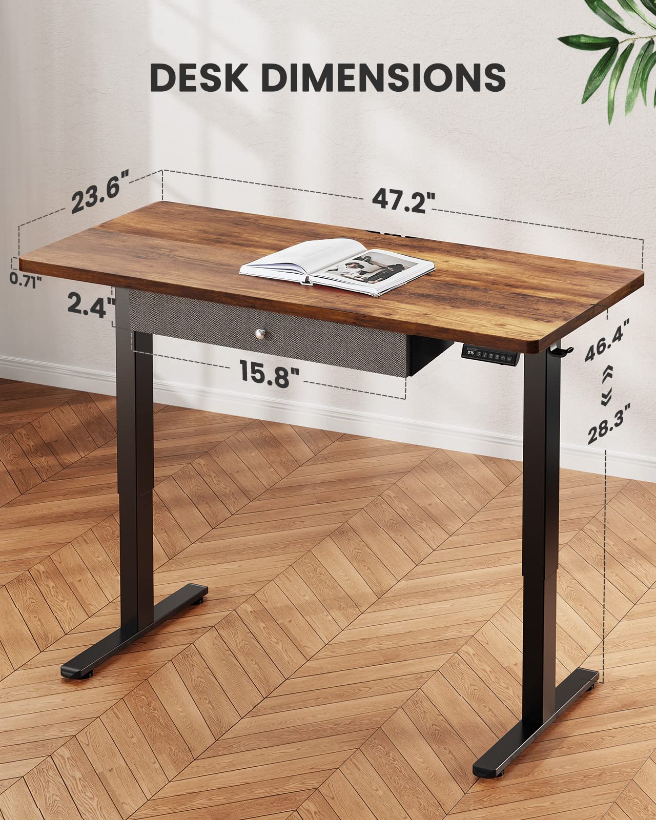 ErGear Electric Standing Desk with Drawer, Adjustable Height Sit Stand Up Desk, Home Office Desk Computer Workstation, 48x24 Inches, Vintage Brown