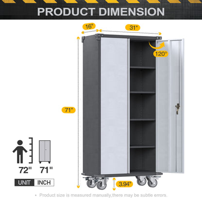 SUXXAN 71" Tall Metal Storage Cabinets with Doors and 4 Adjustable Shelves, Lockable Rolling Cabinet Silver&Black，Home Office Metal Utility Cabinet - WoodArtSupply