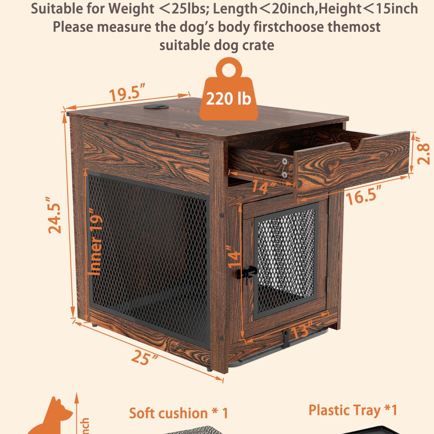 Piskyet Dog Crate Furniture,Wooden Dog Crate End Table with Storage Drawer&Cushion&Tray, QC3.0 Wireless Fast Charging&Dual USB, Dog Crate Indoor Piskyet