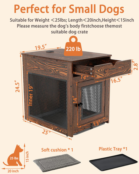 Piskyet Dog Crate Furniture,Wooden Dog Crate End Table with Storage Drawer&Cushion&Tray, QC3.0 Wireless Fast Charging&Dual USB, Dog Crate Indoor Piskyet