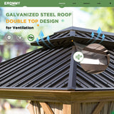 EROMMY 12' x 20' Gazebo, Wooden Finish Coated Aluminum Frame Canopy with Double Galvanized Steel Hardtop Roof, Outdoor Permanent Metal Pavilion with EROMMY