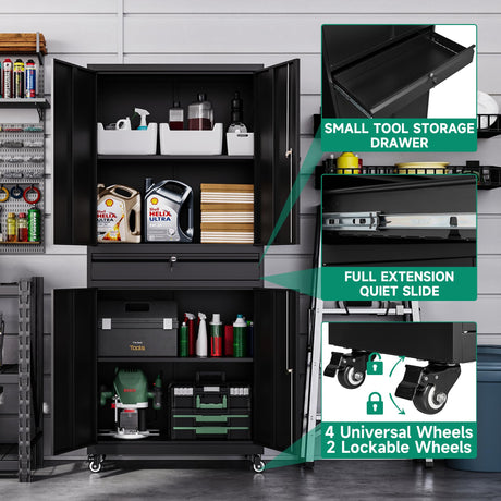 Letaya Metal Garage Storage Cabinet with Wheels,72“ Rolling Tool Cabinet with 4 Door Lock-Adjustable Shelves and Drawer for Garage Home Office Letaya