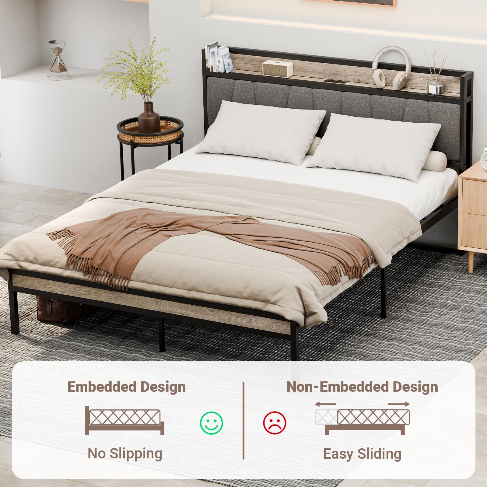 Zevemomo Queen Bed Frame with Integrated Charging Station and Storage Solutions - WoodArtSupply