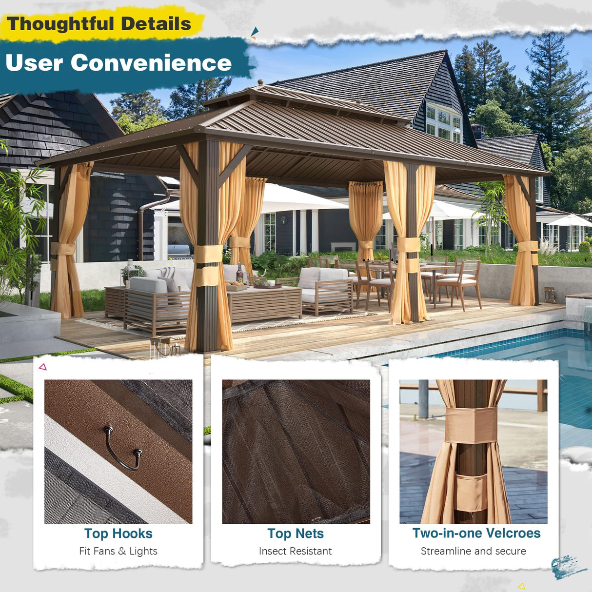 EROMMY 12'x20' Hardtop Gazebo, Galvanized Steel Metal Double Roof Aluminum Gazebo with Curtain and Netting, Brown Permanent Pavilion Gazebo with EROMMY