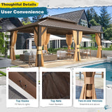 EROMMY 12'x20' Hardtop Gazebo, Galvanized Steel Metal Double Roof Aluminum Gazebo with Curtain and Netting, Brown Permanent Pavilion Gazebo with EROMMY