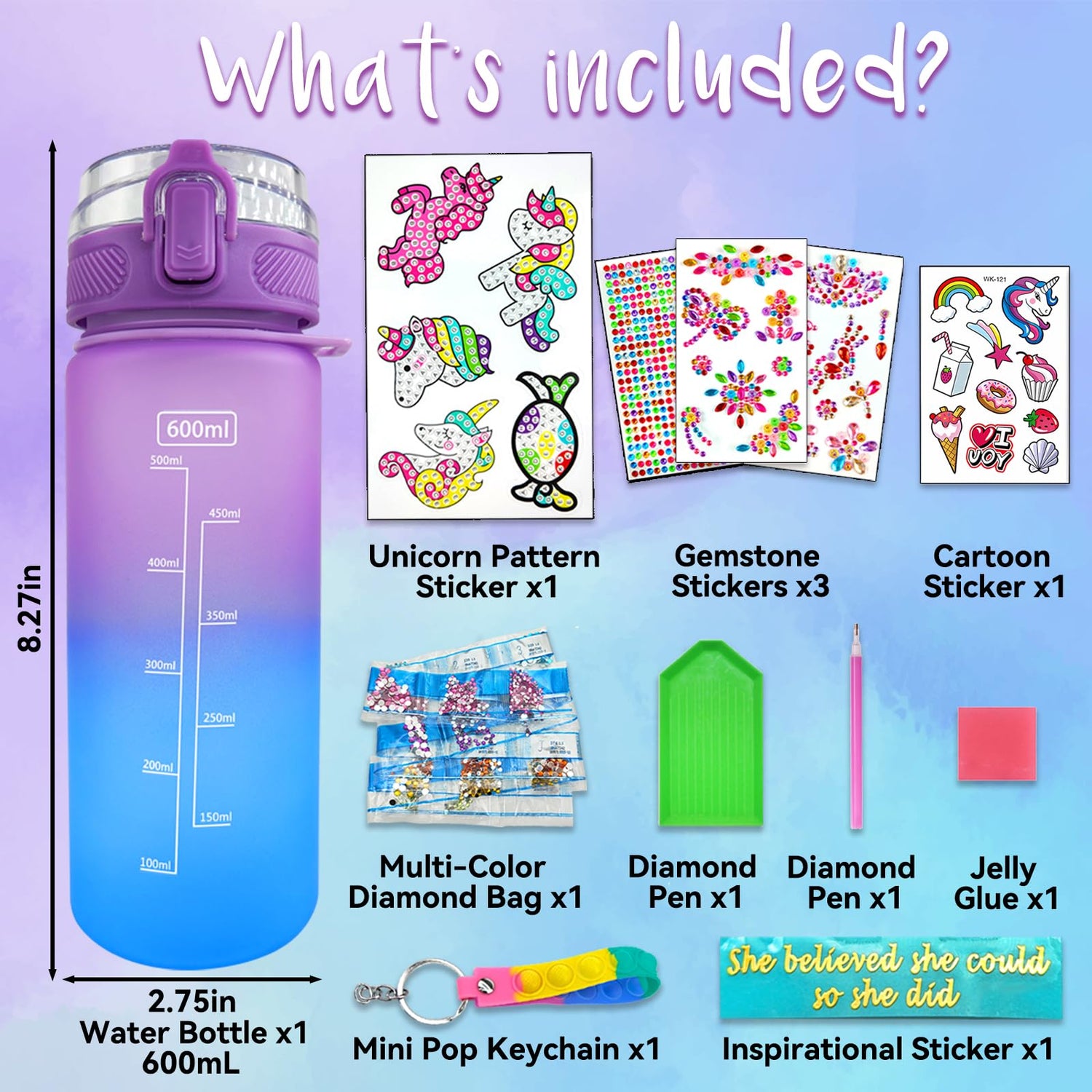 EDsportshouse Decorate Your Own Water Bottle Kits for Girls Age 4-6-8-10,Unicorn Gem Diamond Painting Crafts,Fun Arts and Crafts Gifts Toys for Girls EDsportshouse