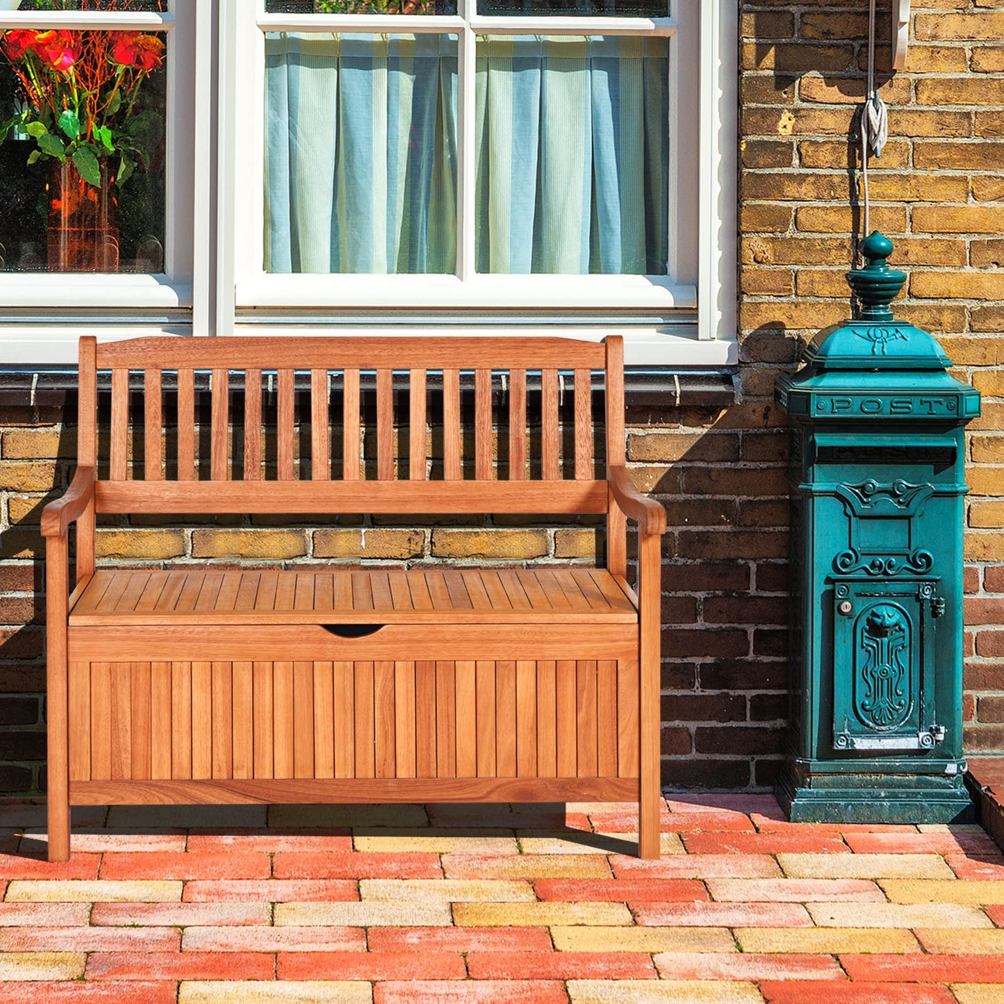 HAPPYGRILL Eucalyptus Wood Outdoor Storage Bench with Dustproof Liner - 33 Gal Capacity - WoodArtSupply