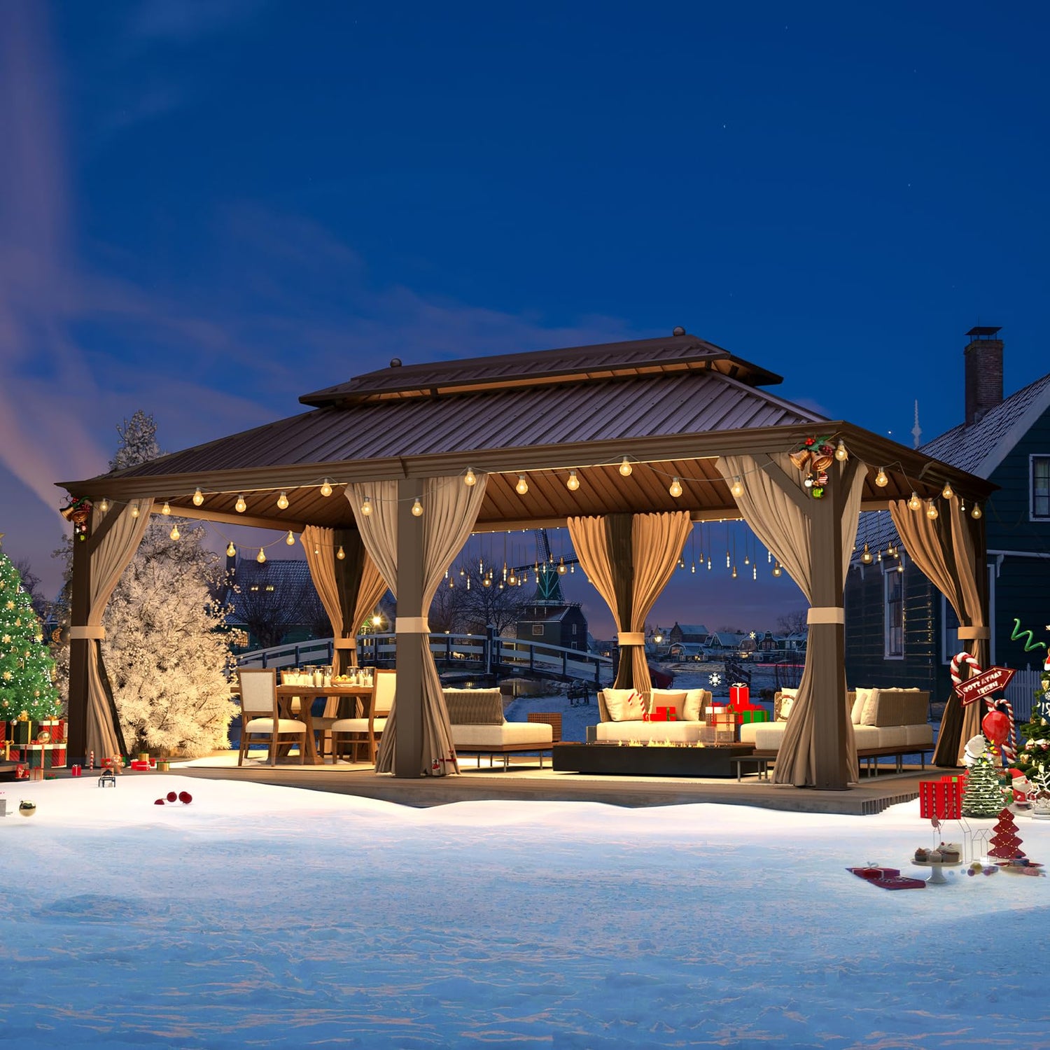 MELLCOM 12' x 20' Hardtop Gazebo,Galvanized Steel Metal Double Roof Aluminum Gazebo with Curtain and Netting,Brown Permanent Pavilion Frame for MELLCOM