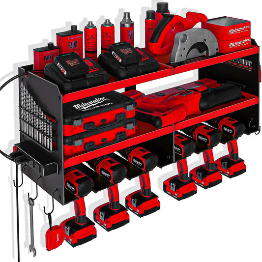 Spampur Power Tool Organizer with Charging Station, 6 Drill Holders Wall Mount, Heavy Duty Metal Premium Garage Tool Shelf, Gift for Man Cordless - WoodArtSupply