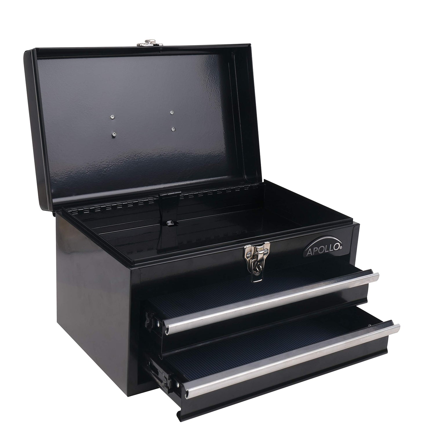 Apollo Tools 14 Inch Steel Tool Box with Deep Top Compartment and 2 Drawers in Heavy-Duty Steel With Ball Bearing Opening and Powder Coated Finish - Apollo Tools