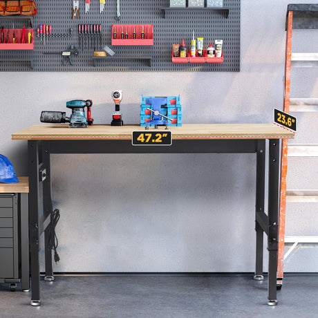 47.2" Adjustable Work Bench, Workbench for Garage with Power Outlet, 2200LBS Load Capacity Hardwood Oak Top Heavy-Duty Work Table for Garage, BMJX US