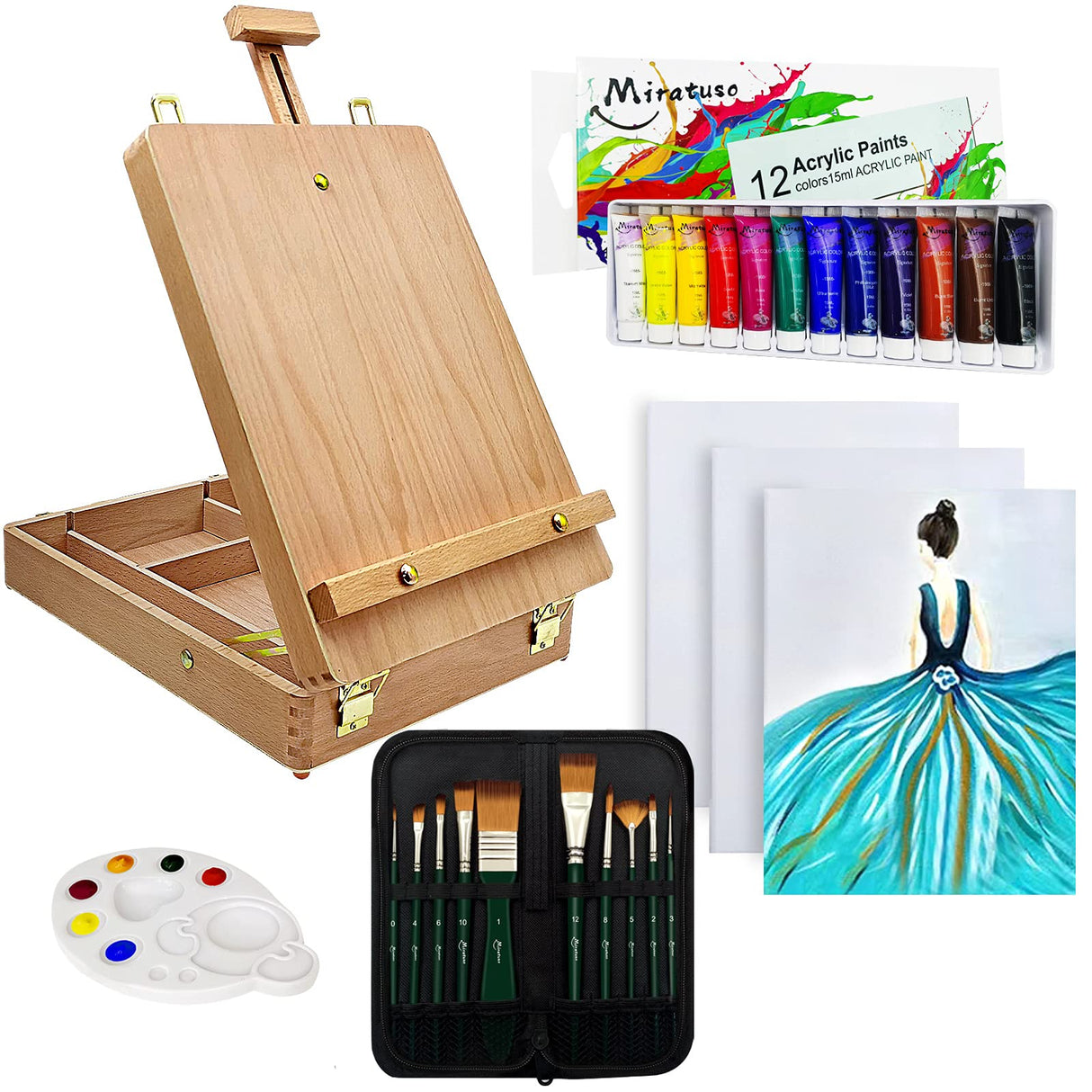 Deluxe Art Supplies 27 Pieces Art Set with Tabletop Easel, 12 Colors Acrylic Paint, 10 Paint Brushes, 3 Canvas Panels, Palettes Miratuso