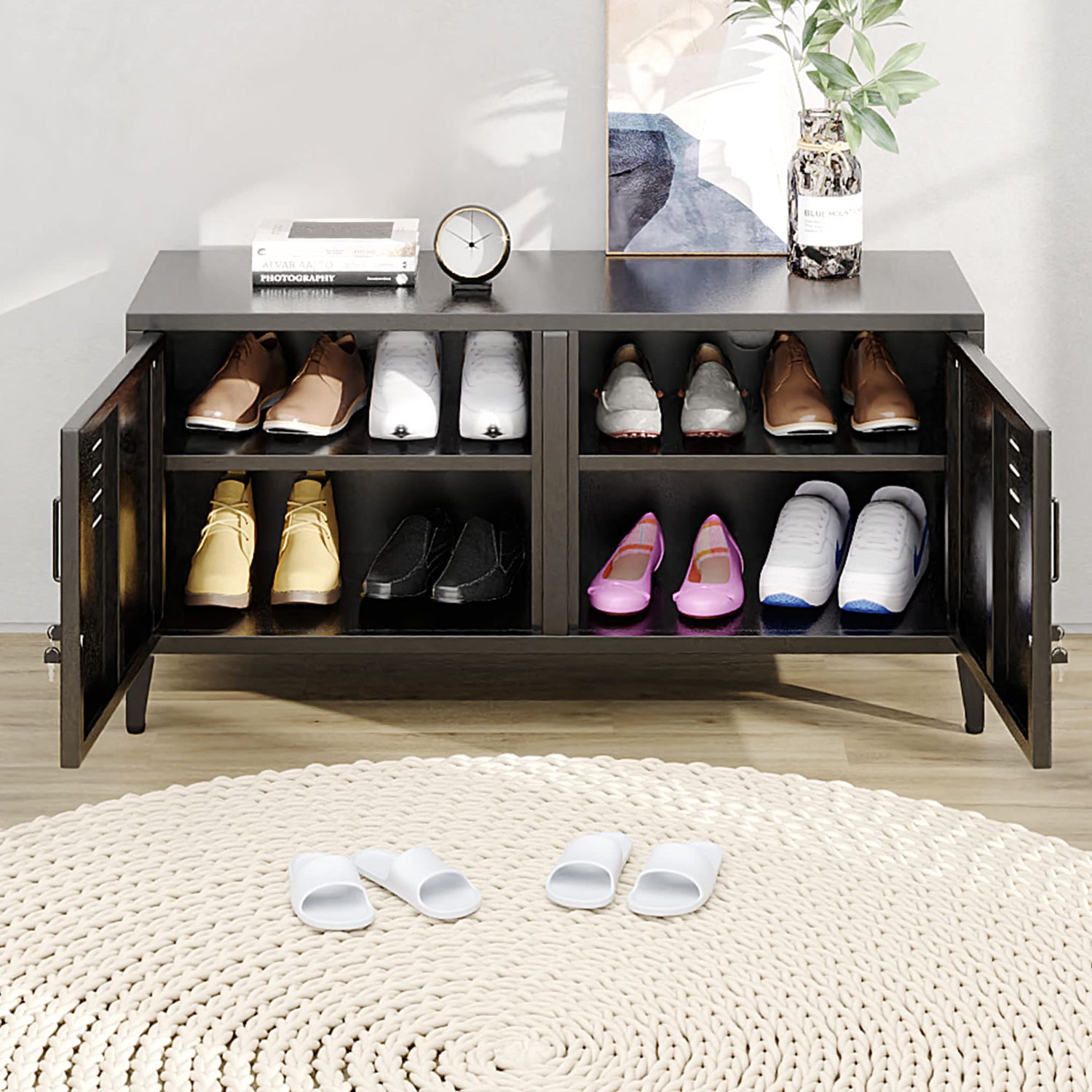 JAHRSTIM Metal Garage Storage Cabinet, Adjustable Shelves & Locking Doors - Garage Cabinets for TV Clothes Shoes Tool Storage and Ammo Locker - Black JAHRSTIM