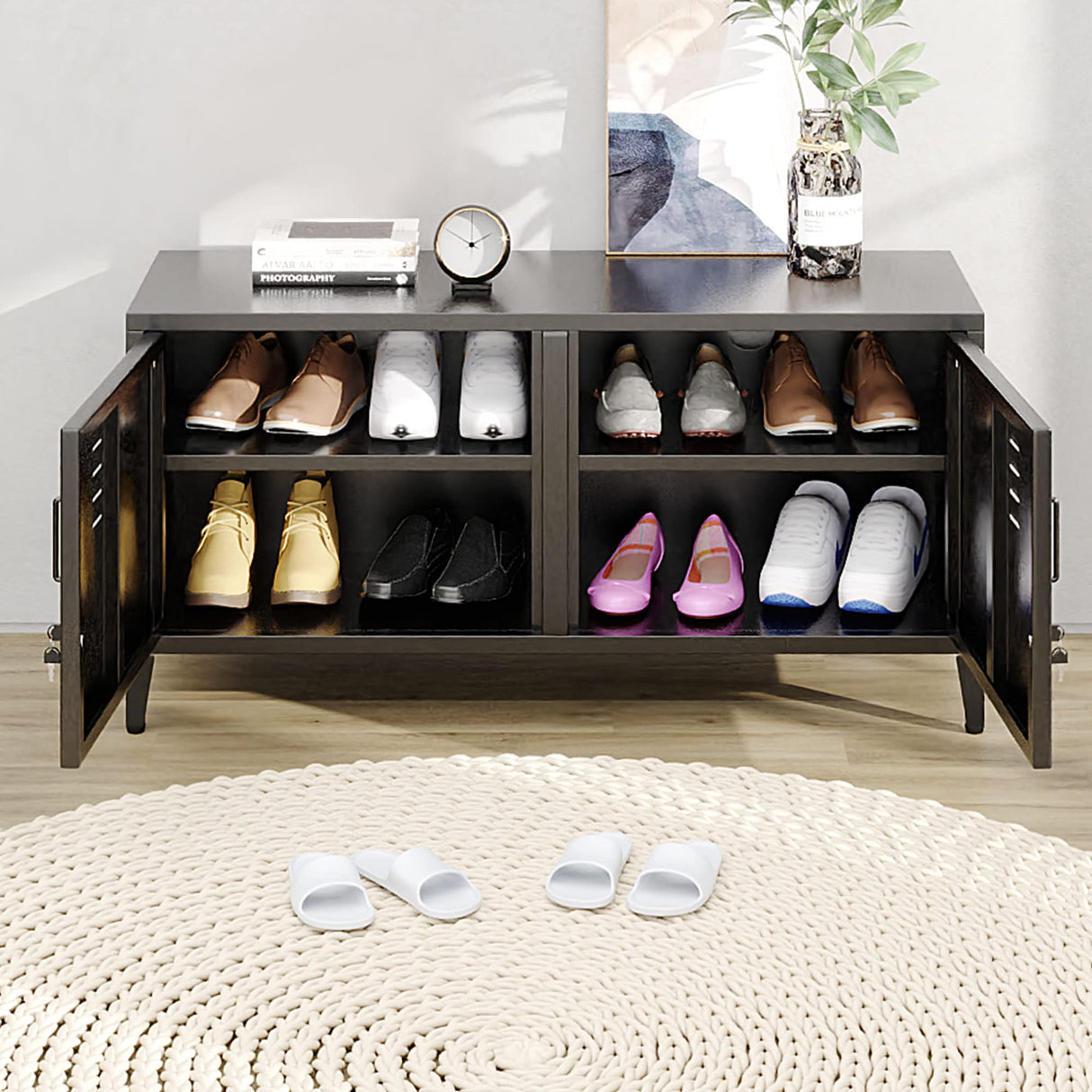 JAHRSTIM Metal Garage Storage Cabinet, Adjustable Shelves & Locking Doors - Garage Cabinets for TV Clothes Shoes Tool Storage and Ammo Locker - Black JAHRSTIM