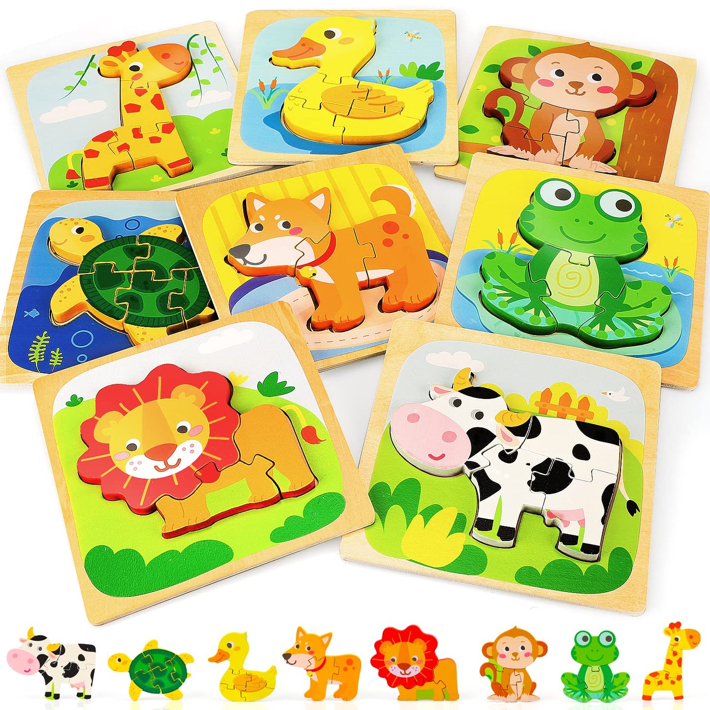 TOY Life Wooden Animal Puzzles for Toddlers 1-3, 8 Pack Baby Puzzle for Kid Age 1-3, Montessori Toys for 1 2 3+ Year Old, STEM Educational Learning