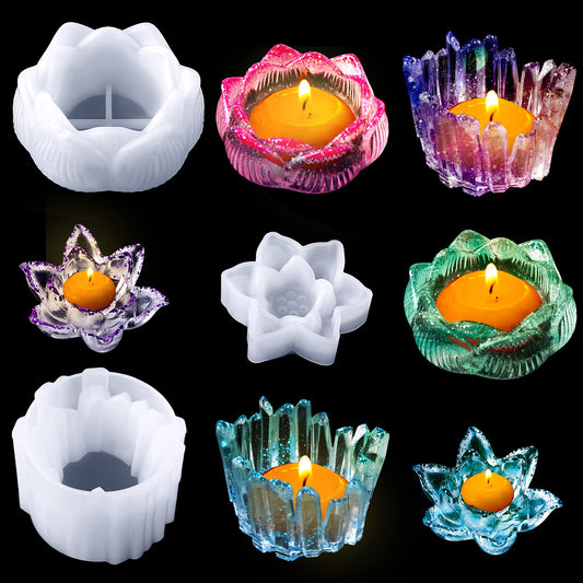 3 Shapes Resin Candle Holder Silicone Moulds Crystal Shape Candle Holder Mould Flower Lotus Tealight Resin Mould Lotus Candlestick Epoxy Casting - WoodArtSupply