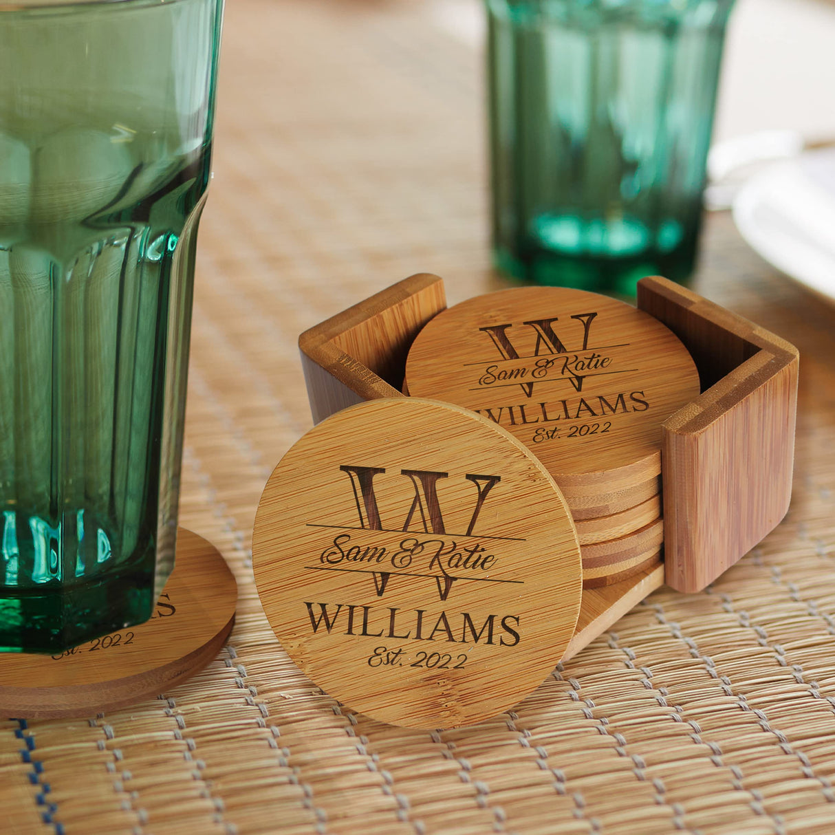 My Personal Memories, Custom Engraved Bamboo Wood Coasters - Personalized Coaster Set for Drinks, Weddings, Couples with Holder (Round Bamboo) My Personal Memories