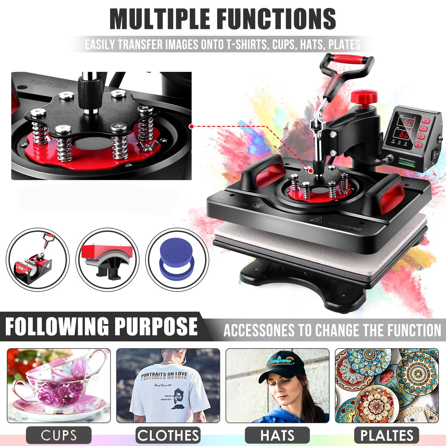 AKEYDIY 8 in 1 Heat Press Machine Professional Sublimation Machine 15" X 12" Swing Away Shirt Printing Heat Transfer Digital Industrial-Quality Heat