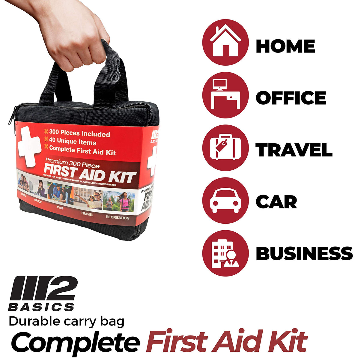 M2 BASICS Professional 300 Piece (40 Unique Items) First Aid Kit | Emergency Medical Kits | Home, Business, Camping, Car, Office, Travel, Vehicle, M2 BASICS