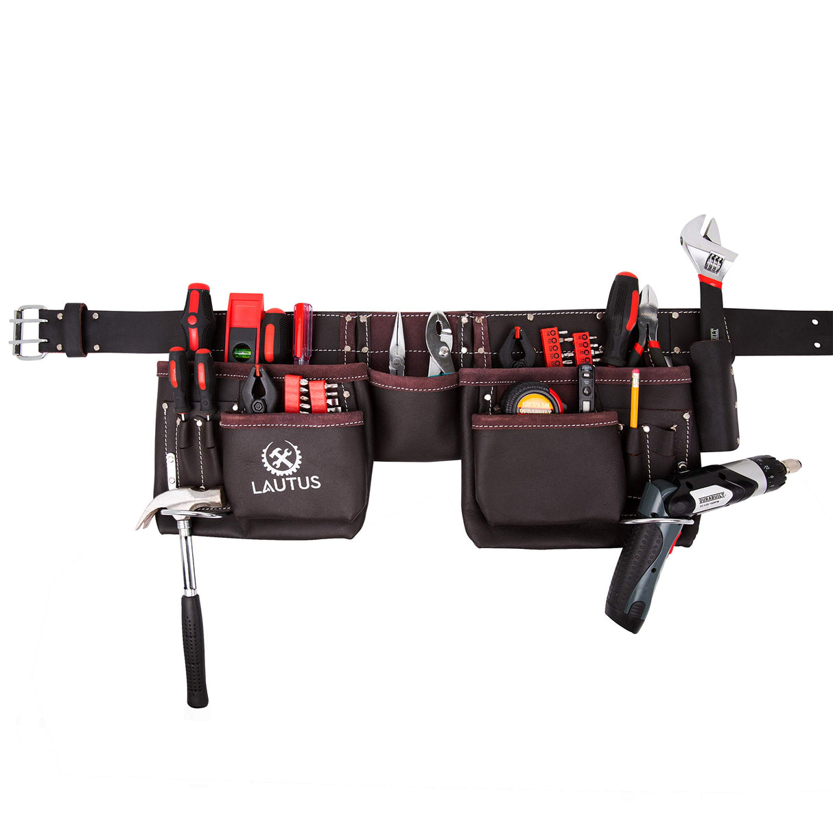 LAUTUS Oil Tanned Leather Tool Belt/Pouch/Bag, Carpenter, Construction, Framers, Handyman, Electrician - 100% LEATHER LAUTUS