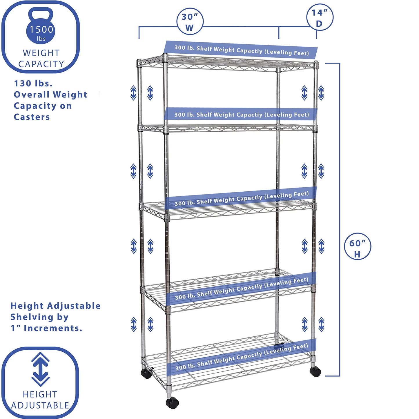 Seville Classics 5-Tier Wire Shelving with Wheels, 5-Tier, 30"" W x 14"" D (NEW MODEL), Chrome Plating, Plated Steel