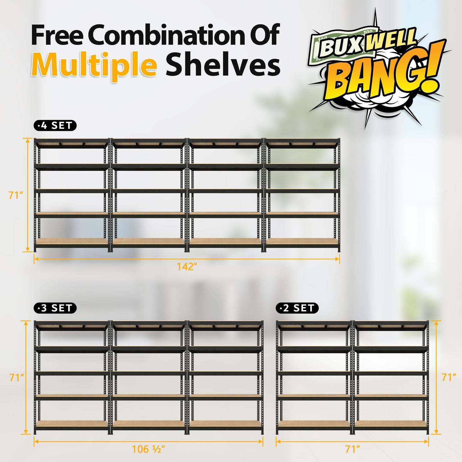 BuxWellBang 48" W x 24" D x 72" H Adjustable Garage Storage Shelves - 5-Shelf Heavy Duty Shelving Unit, Metal Utility Storage Organizer Racks for BuxWellBang