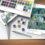 GenCrafts Watercolor Paint Palette with Bonus Paper Pad Includes 48 Premium Colors - 2 Refillable Water Blending Brush Pens - 15 Sheets of Water GenCrafts