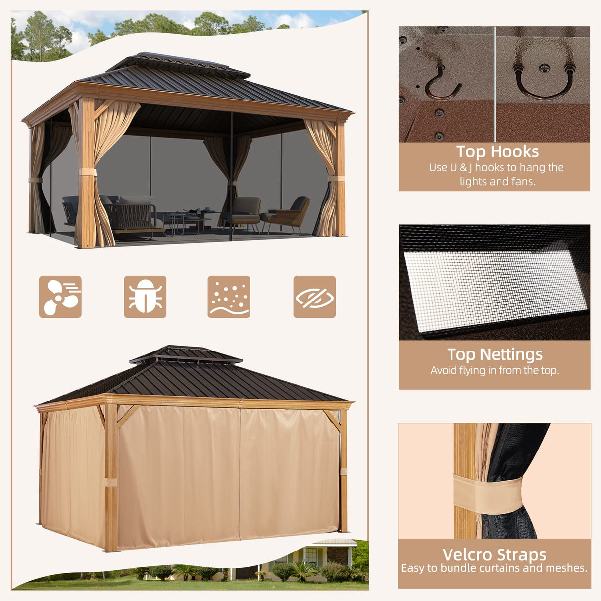 MELLCOM 10' x 12' Hardtop Gazebo, Wooden Finish Coated Aluminum Frame Gazebo with Galvanized Steel Double Roof, Brown Metal Gazebo with Curtains and MELLCOM