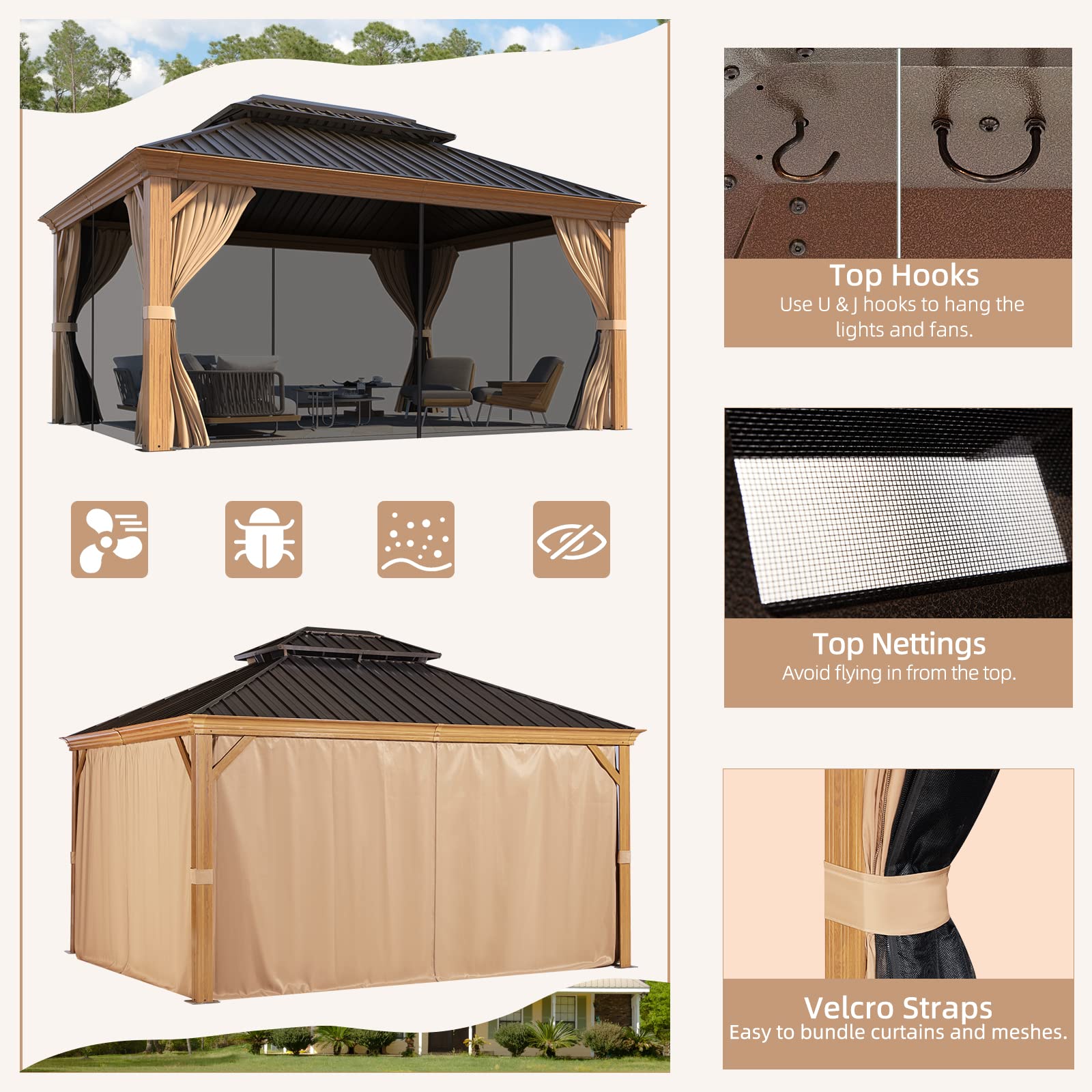 MELLCOM 10' x 12' Hardtop Gazebo, Wooden Finish Coated Aluminum Frame Gazebo with Galvanized Steel Double Roof, Brown Metal Gazebo with Curtains and - WoodArtSupply