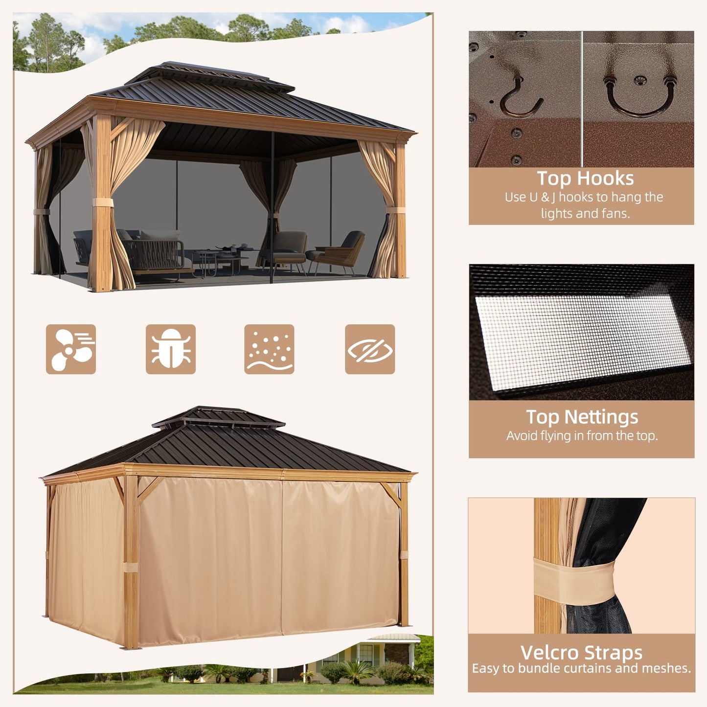 MELLCOM 10'x12' Hardtop Gazebo, Wooden Finish Coated Aluminum Frame Gazebo with Galvanized Steel Double Roof, Brown Metal Gazebo with Curtains and - WoodArtSupply