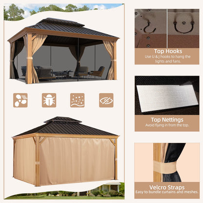 MELLCOM 10'x12' Hardtop Gazebo, Wooden Finish Coated Aluminum Frame Gazebo with Galvanized Steel Double Roof, Brown Metal Gazebo with Curtains and - WoodArtSupply