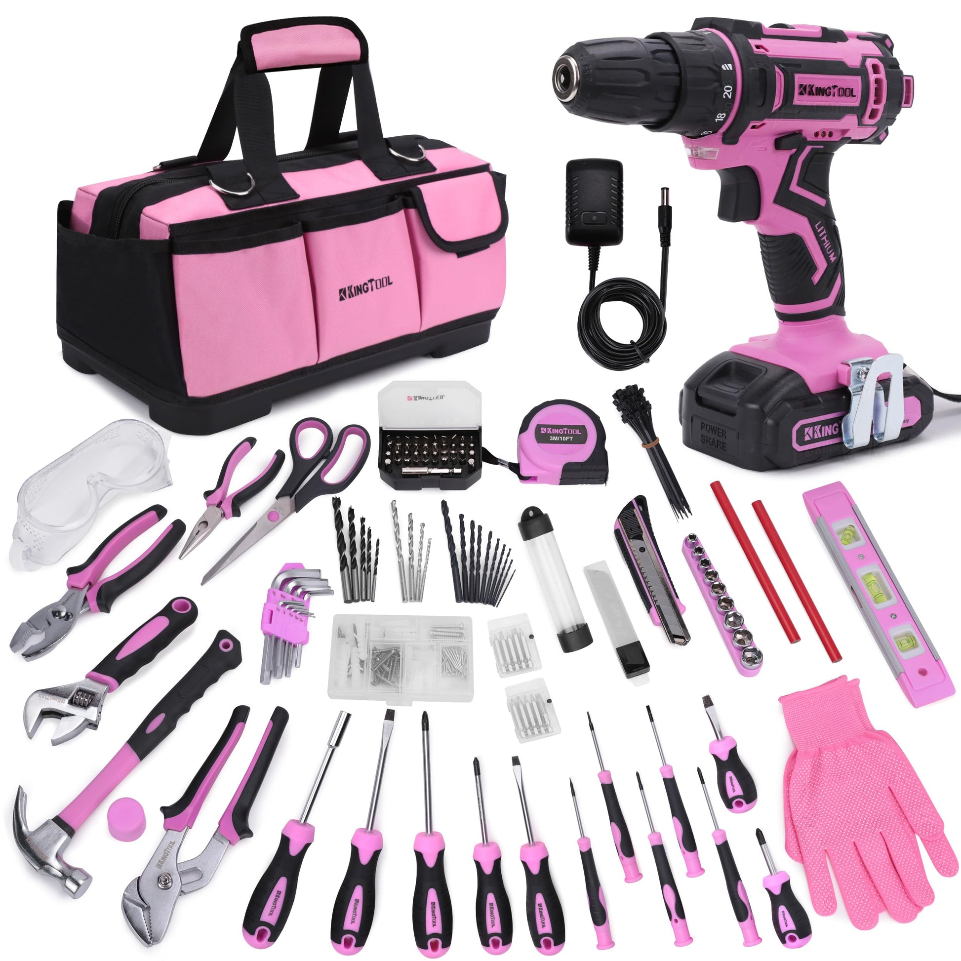 KingTool 267-Piece Tool Kit Set - Pink Tool Set with 21V Crodless Pink Power Drill Driver, Tool kit for Women with Pink Tool Storage Bag, Womens Tool - WoodArtSupply