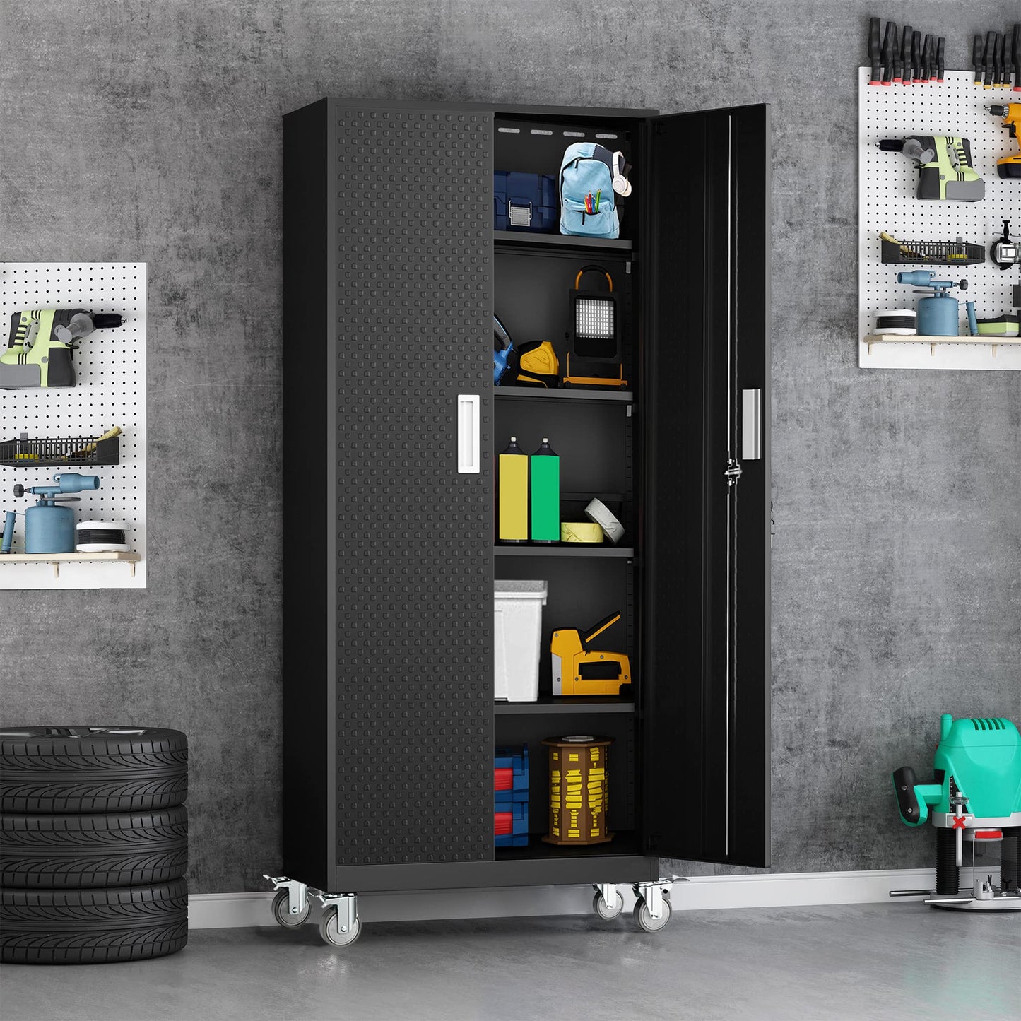 Metal Storage Cabinets Locker for Home Office, 72" Garage Storage Cabinet with Wheels, Lockable Door & Adjustable Shelves, Tall Large Steel Cabinet