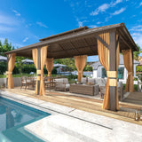 EROMMY 12'x20' Hardtop Gazebo, Galvanized Steel Metal Double Roof Aluminum Gazebo with Curtain and Netting, Brown Permanent Pavilion Gazebo with EROMMY