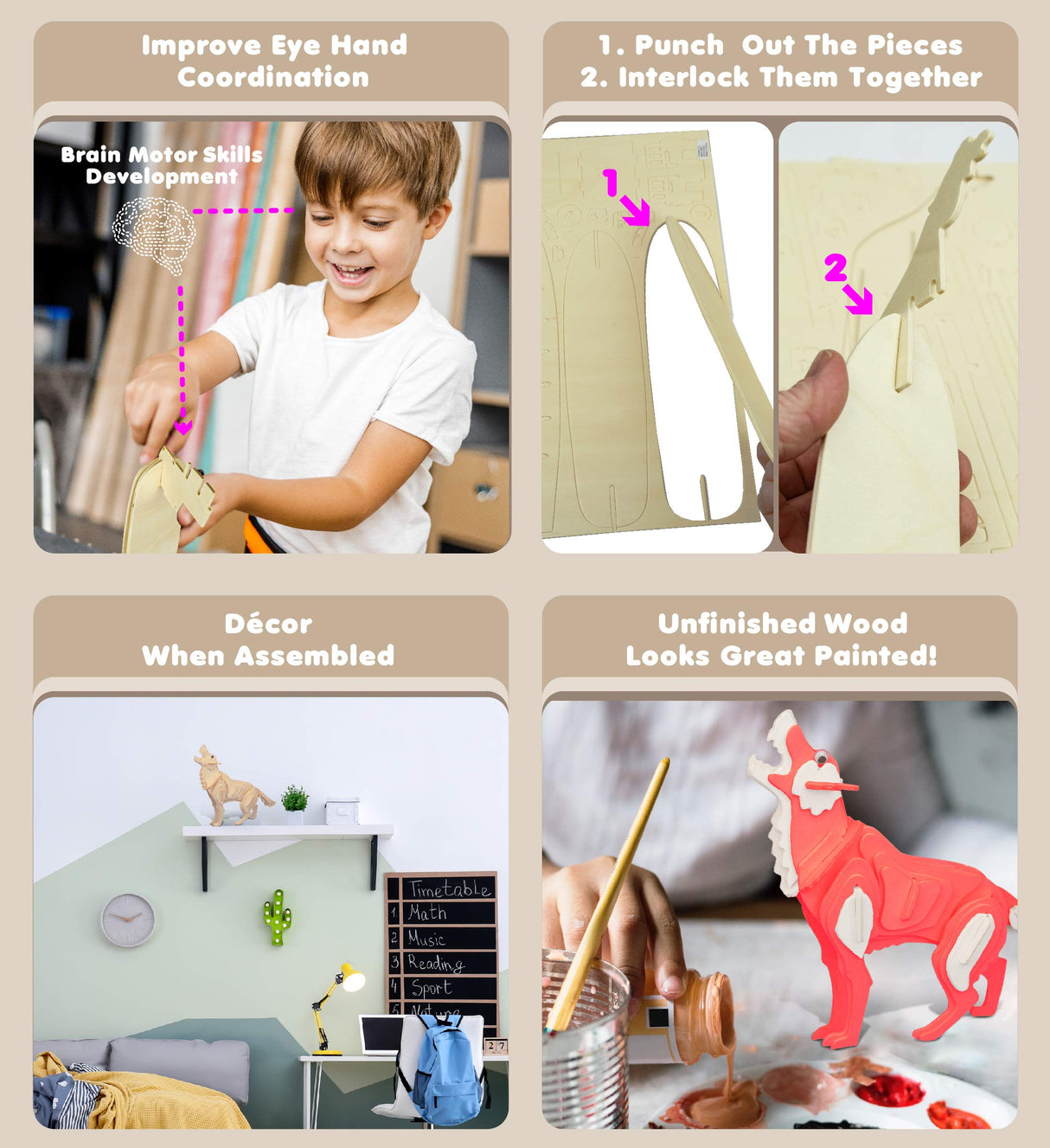 Puzzled 3D Puzzle Wolf Wood Craft Construction Model Kit, Fun, Unique & Educational DIY Wooden Toy Assemble Model Unfinished Crafting Hobby Puzzle to Puzzled