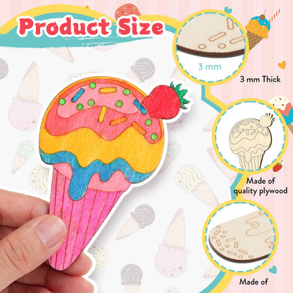 32Pcs Unfinished Ice Cream Wood Cutouts Summer DIY Wood Cutouts Wooden Arts and Crafts for Girls Boys DIY Coloring Ice Wood Cream Ornaments for