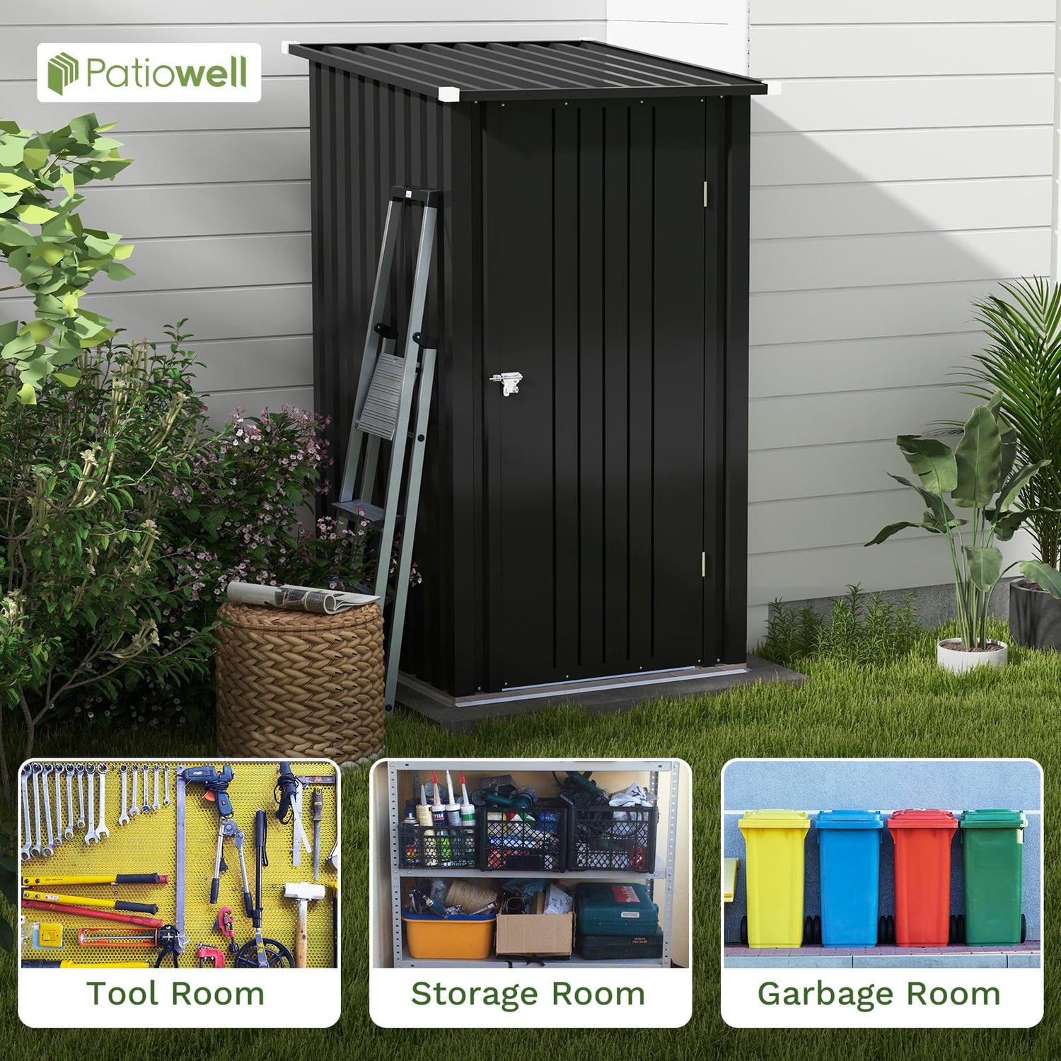 Patiowell 3 x 3 FT Outdoor Storage Shed,Small Garden Tool Storage Shed with Sloping Roof and Single Lockable Door, Outdoor Shed for Backyard Garden Patiowell