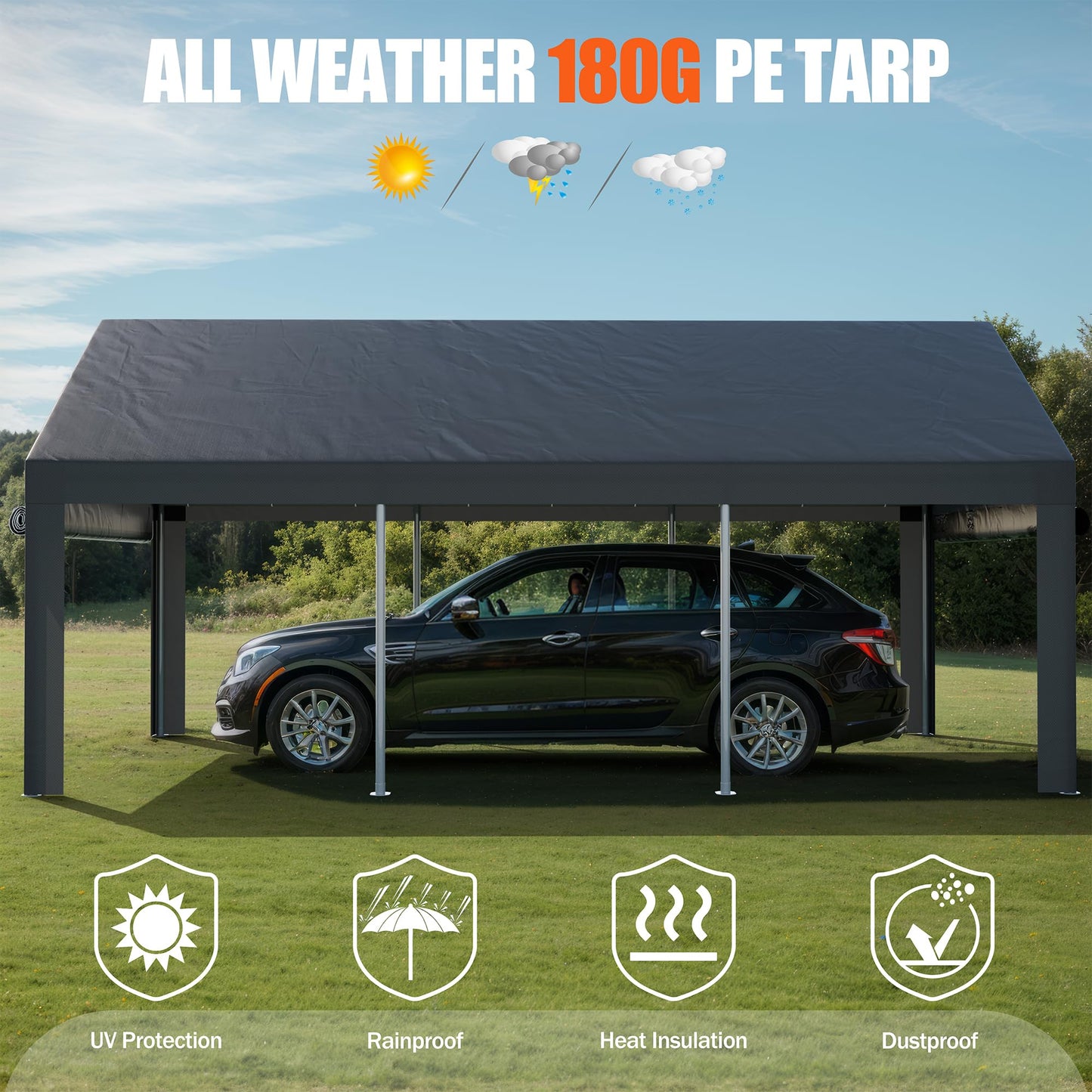 JAMFLY Carport, 12x20 Heavy Duty Carport Canopy with Roll-up Windows, Portable Garage with Removable Sidewalls & Doors, Car Canopy with All-Season