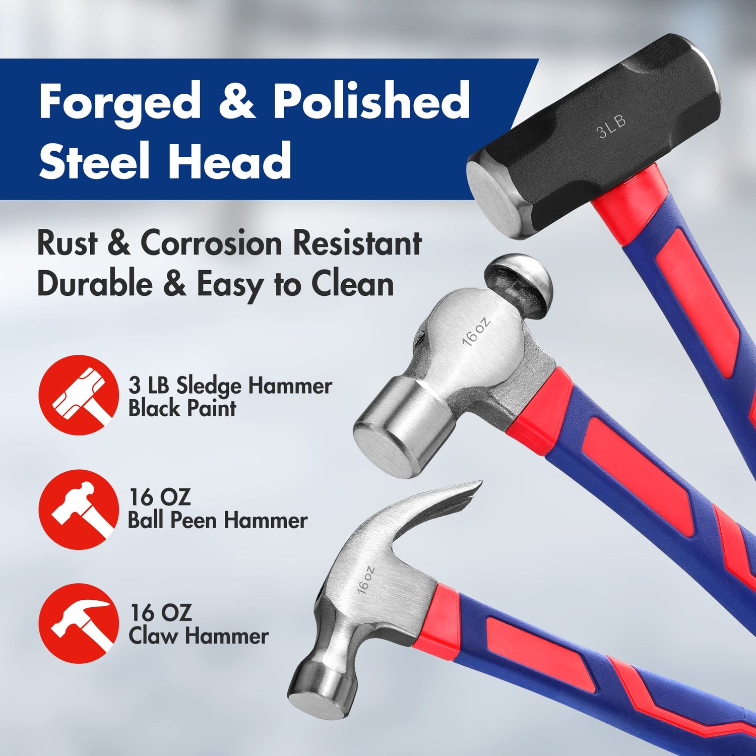 WORKPRO 5-Piece Hammer Set, Forged & Polished Steel Head, Fiberglass Handle, 32oz Rubber Mallet | 16oz Claw Hammer | 3lb Sledge Hammer | 16oz Ball WORKPRO