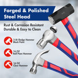 WORKPRO 5-Piece Hammer Set, Forged & Polished Steel Head, Fiberglass Handle, 32oz Rubber Mallet | 16oz Claw Hammer | 3lb Sledge Hammer | 16oz Ball WORKPRO